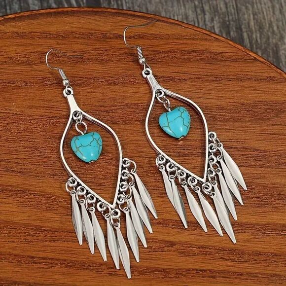 New - Boho Feather Tassel Heart Turquoise Dangle Earrings - Picture 9 of 9